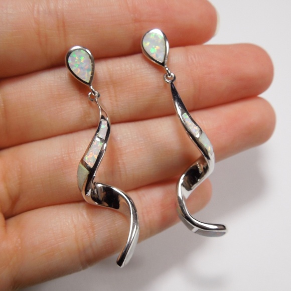 Silver Expressions USA Jewelry - White Fire Opal Sterling Silver Curly Earrings